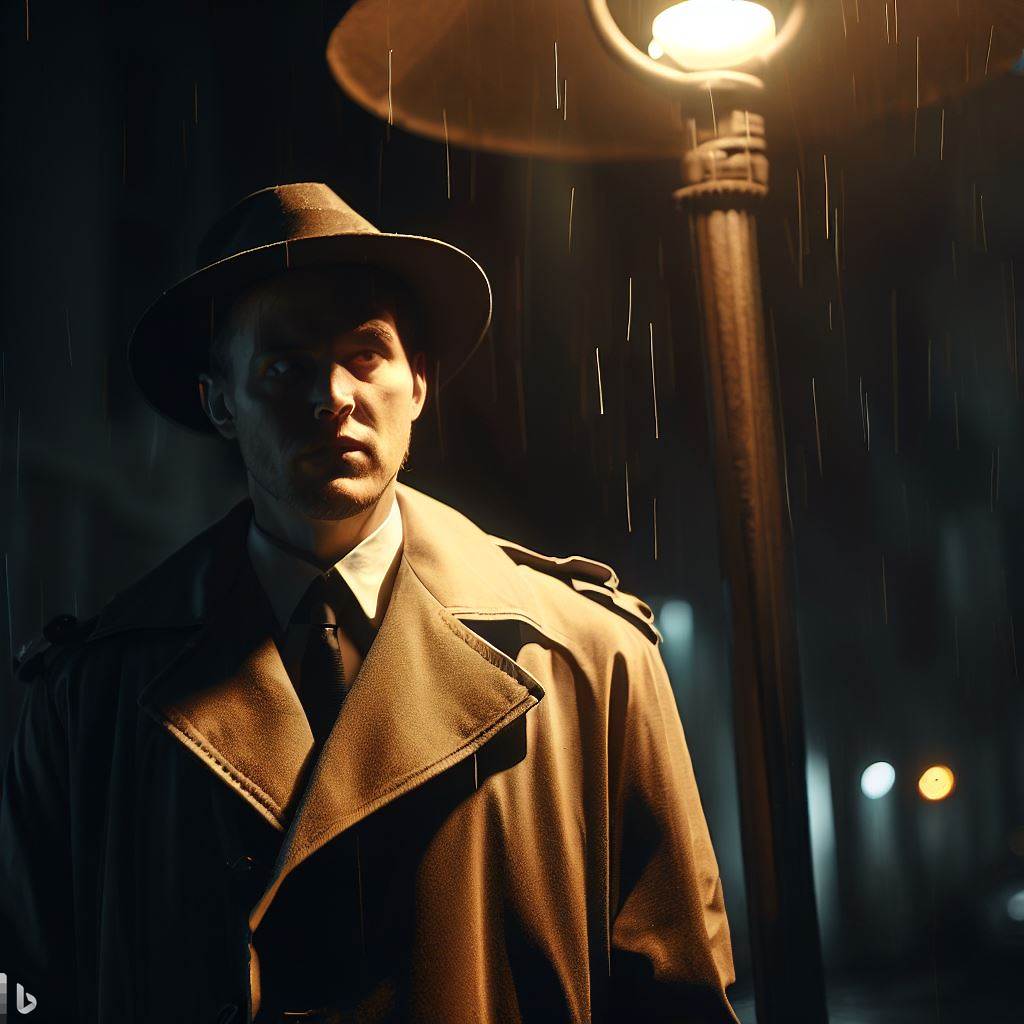 A detective in a noir-style city, standing under a street lamp